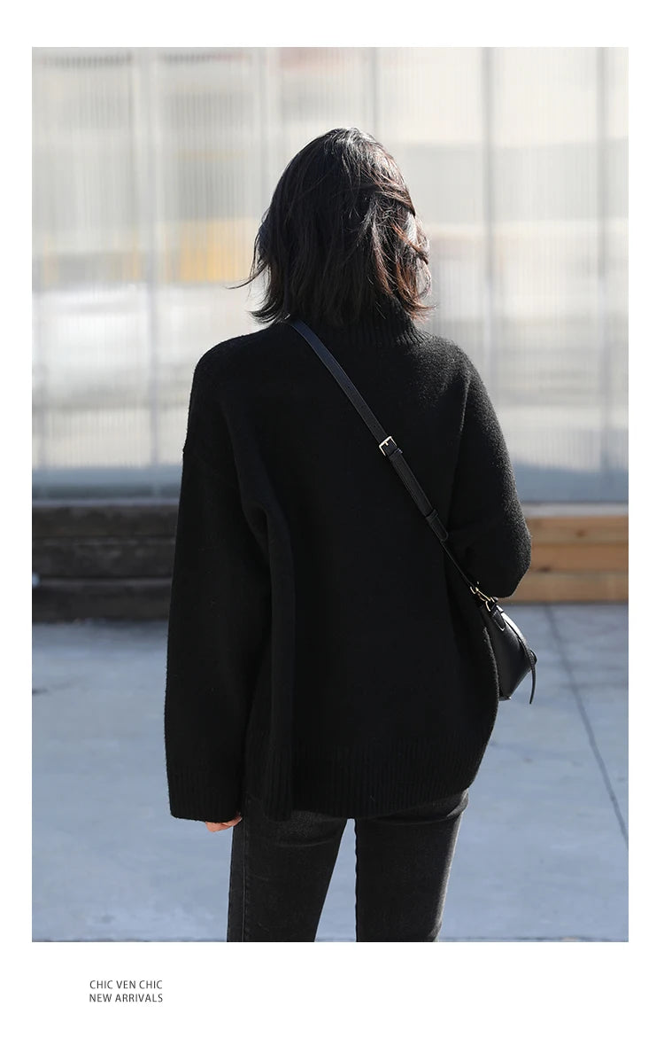 CHIC VEN Koreanischer Damen Pullover Lockerer Rollkragenpullover Warme Einfarbige Pullover Strickwaren Basic Female Tops Herbst Winter 2022