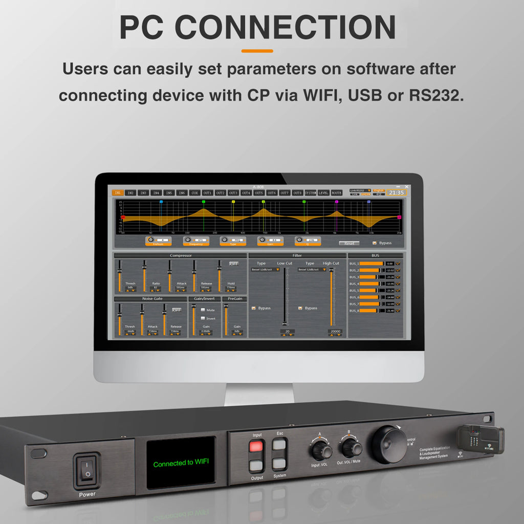 Paulkitson A808 Prozessor Digitaler professioneller Audioprozessor 8 In 8 Out 32Bit DSP 7-Band EQ Equalizer WIFI USB Ohne Rauschen