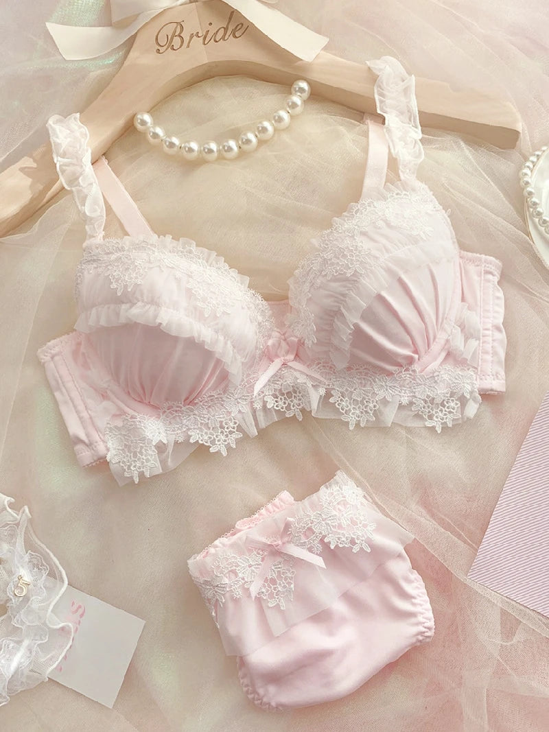 Bügel-Push-up-BH-Set aus Stahl mit reinem Verlangen, windige, große Körbchen für Mädchenunterwäsche, bestickte Spitze, große Dessous mit Höschen-Set