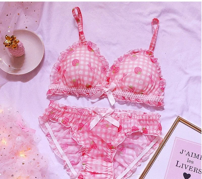 Süßes japanisches BH- und Slip-Unterwäsche-Set Lolita-Mädchen Rosa kariertes Blumen-Mesh Sexy Erdbeer-Print-BH & Höschen Dessous-Set