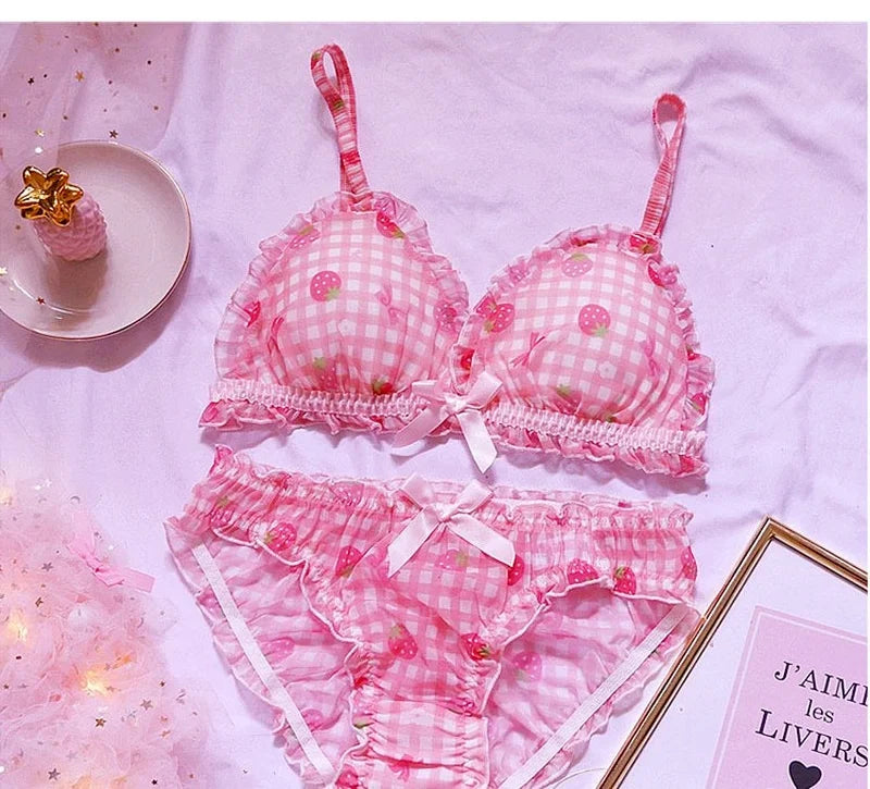 Süßes japanisches BH- und Slip-Unterwäsche-Set Lolita-Mädchen Rosa kariertes Blumen-Mesh Sexy Erdbeer-Print-BH & Höschen Dessous-Set