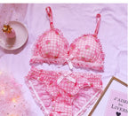 Süßes japanisches BH- und Slip-Unterwäsche-Set Lolita-Mädchen Rosa kariertes Blumen-Mesh Sexy Erdbeer-Print-BH & Höschen Dessous-Set