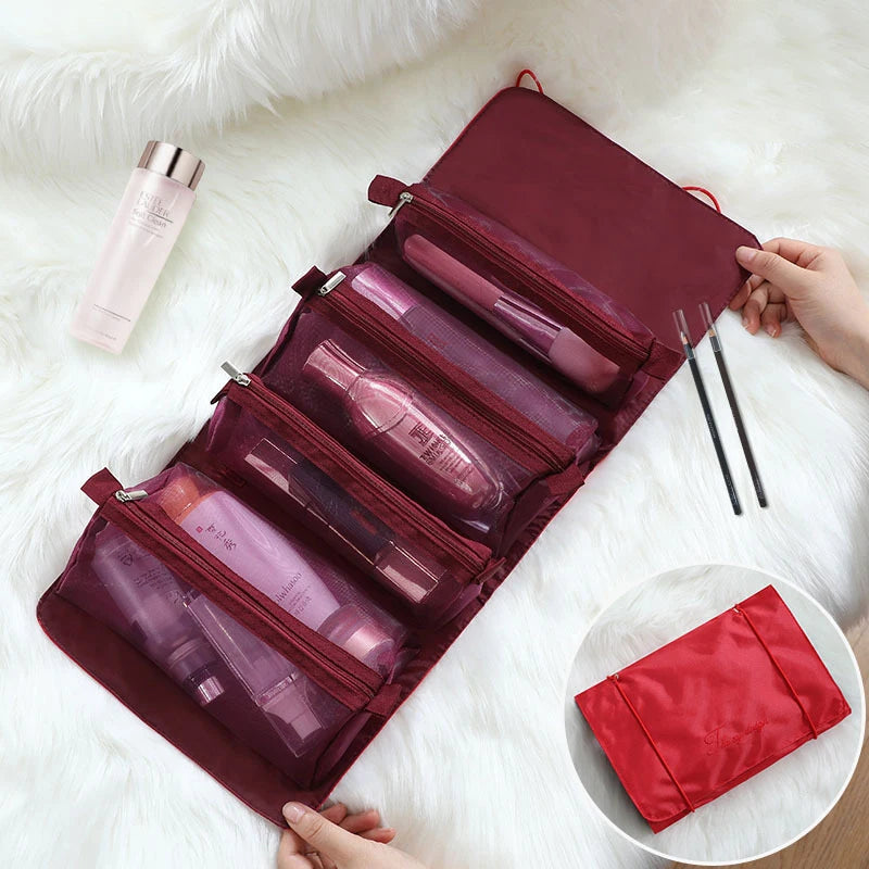 4-in-1 Kosmetiktasche für Damen, Reißverschluss, Netz, trennbare Kosmetiktasche, faltbare Nylon-Tasche, Seil-Make-up-Tasche, Kosmetyczka