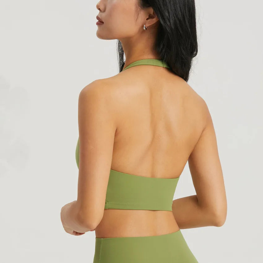 Benutzerdefiniertes Logo vorne/hinten, leichter, rückenfreier Fitness-Trainings-Halter-BH, Workout-Yoga-Activewear Sport-BH für Frauen