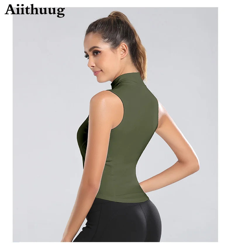 Aiithuug Athletic Reißverschluss-Sweatweste Jacke Ärmellose Lauf-Yoga-Tops Stehkragen-Shirts Sport-Top Fitness Damen Workout-Tops