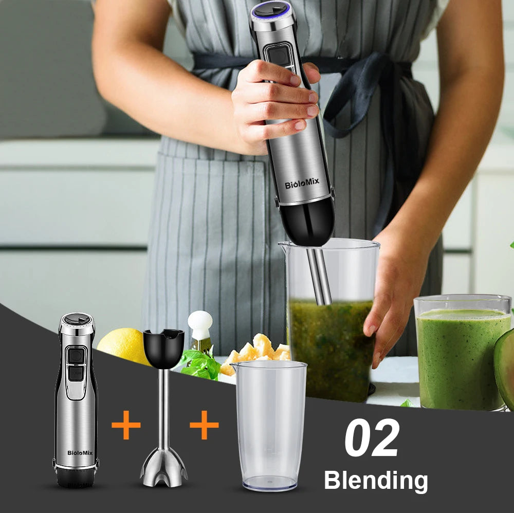 BioloMix 4-in-1 Hochleistungs-Stabmixer 1200W mit Zerkleinerer und Smoothie-Becher Edelstahl-Eismesser