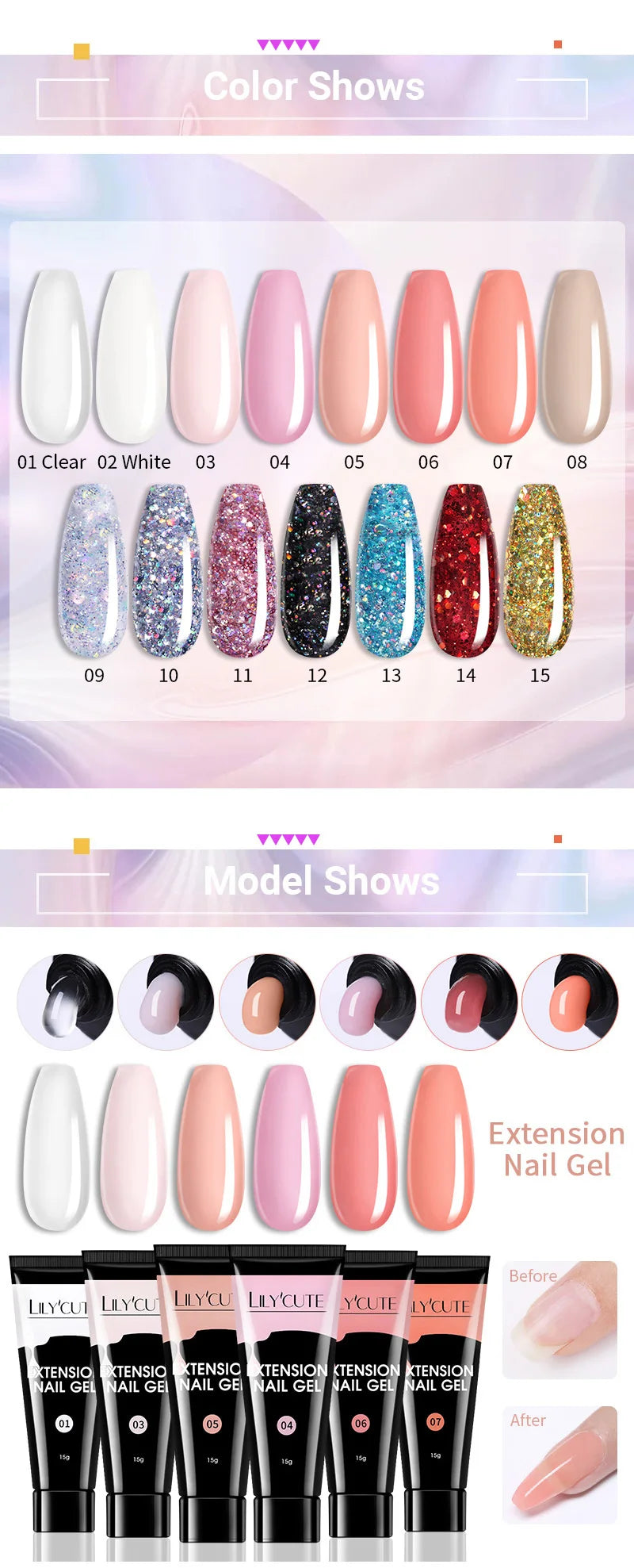 LILYCUTE 15ml Verlängerungsgel-Nagellack-Set Quick Nail Prolong mit Verlängerungsform-Nagelspitzen Acryl-Lösung Maniküre-Werkzeug-Kit