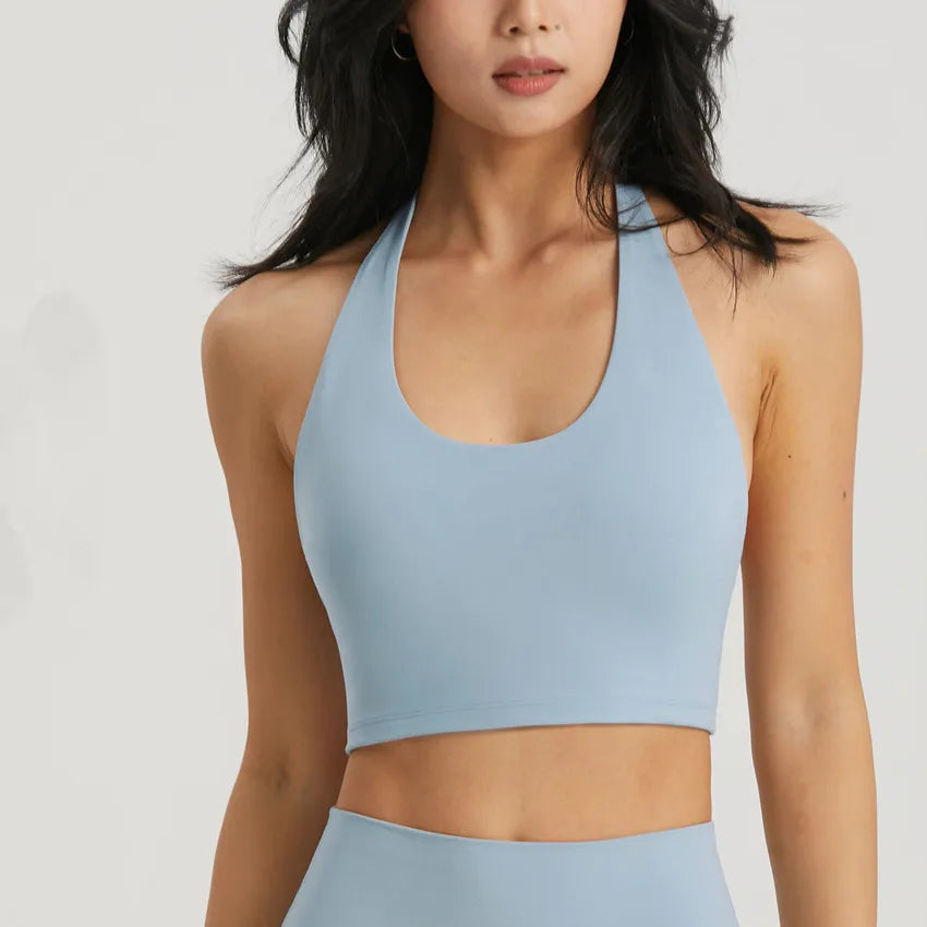 Benutzerdefiniertes Logo vorne/hinten, leichter, rückenfreier Fitness-Trainings-Halter-BH, Workout-Yoga-Activewear Sport-BH für Frauen
