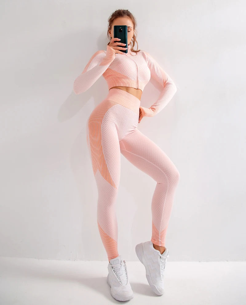 2/3tlg Damen Yoga Anzug Nahtlos Gestrickte Yogahose Leggings Kleidung Reißverschluss Langarm Crop Top Fitnesskleidung Sportbekleidung Gym Set