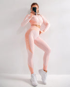 2/3tlg Damen Yoga Anzug Nahtlos Gestrickte Yogahose Leggings Kleidung Reißverschluss Langarm Crop Top Fitnesskleidung Sportbekleidung Gym Set