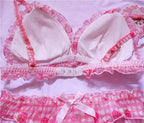 Süßes japanisches BH- und Slip-Unterwäsche-Set Lolita-Mädchen Rosa kariertes Blumen-Mesh Sexy Erdbeer-Print-BH & Höschen Dessous-Set