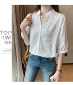 Sommer Blumenstickerei Spitzenbluse Mode Damen V-Ausschnitt Freizeitshirt Chic Kurzarm Hohl-Out Oberteile Elegante Blusen 24350