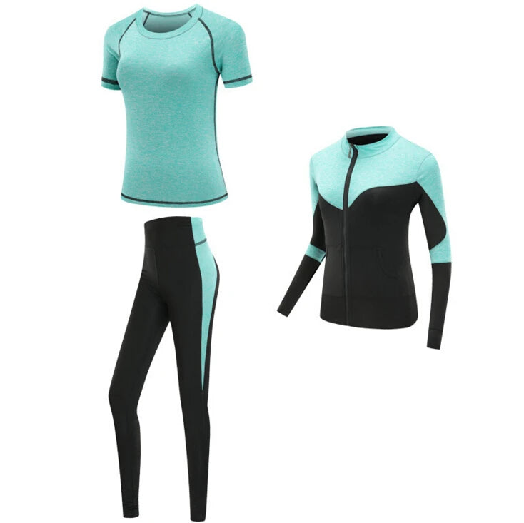 Schnell trocknende Damen Sportbekleidung Yoga-Set Fitnessstudio Yoga-Kleidung Anzugsets Mantel+BH+T-Shirt+Leggings 2019 Workout Laufen Training