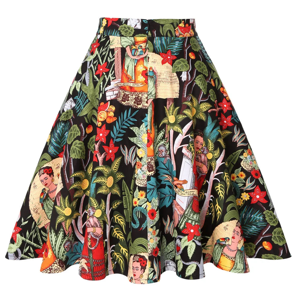 Damen-Laufsteg Baumwolle Retro Vintage Rock Schwarz Faldas High Waist A-Linie Rockabilly Jupe 50er Swing Tellerrock Pin Up Skater Zweitbild