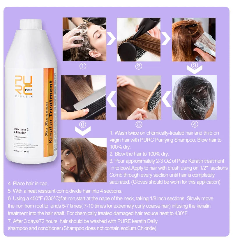 PURC 1000ml Keratin Haarglättende Glättungsbehandlung für lockiges, krauses Haar, brasilianische Keratinprodukte professionell