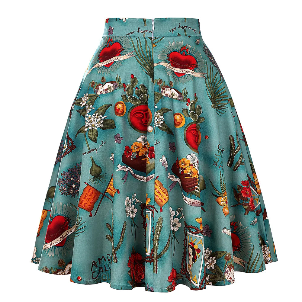 Damen-Laufsteg Baumwolle Retro Vintage Rock Schwarz Faldas High Waist A-Linie Rockabilly Jupe 50er Swing Tellerrock Pin Up Skater