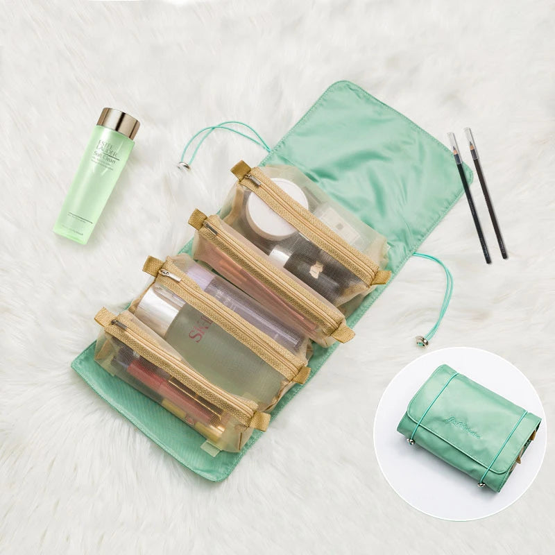4-in-1 Kosmetiktasche für Damen, Reißverschluss, Netz, trennbare Kosmetiktasche, faltbare Nylon-Tasche, Seil-Make-up-Tasche, Kosmetyczka