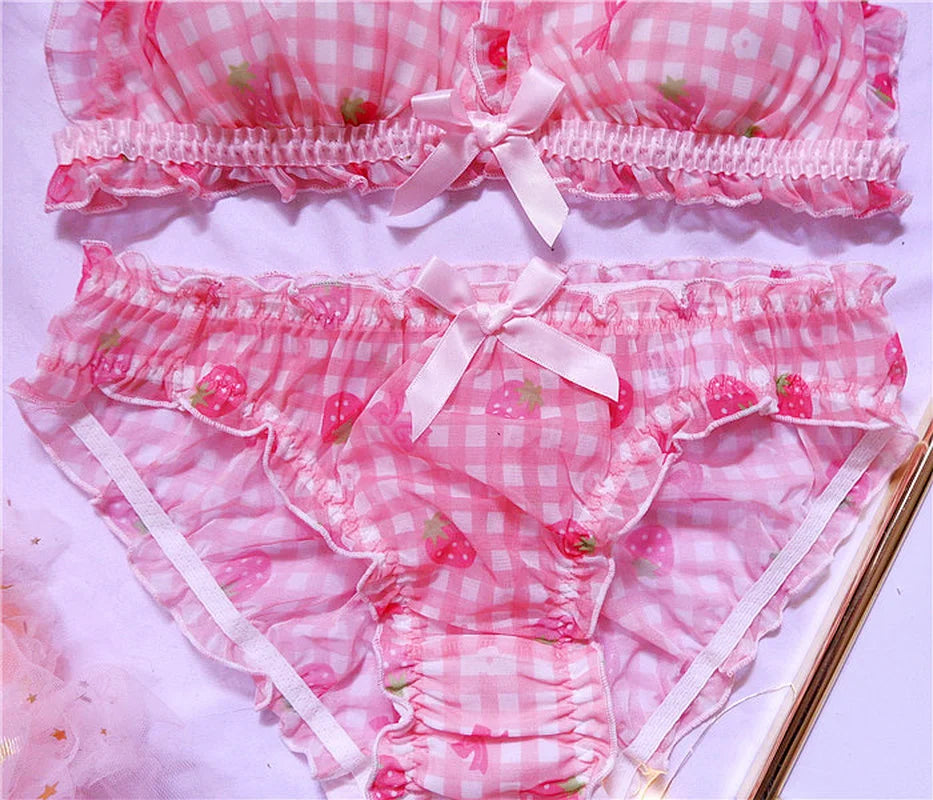 Süßes japanisches BH- und Slip-Unterwäsche-Set Lolita-Mädchen Rosa kariertes Blumen-Mesh Sexy Erdbeer-Print-BH & Höschen Dessous-Set