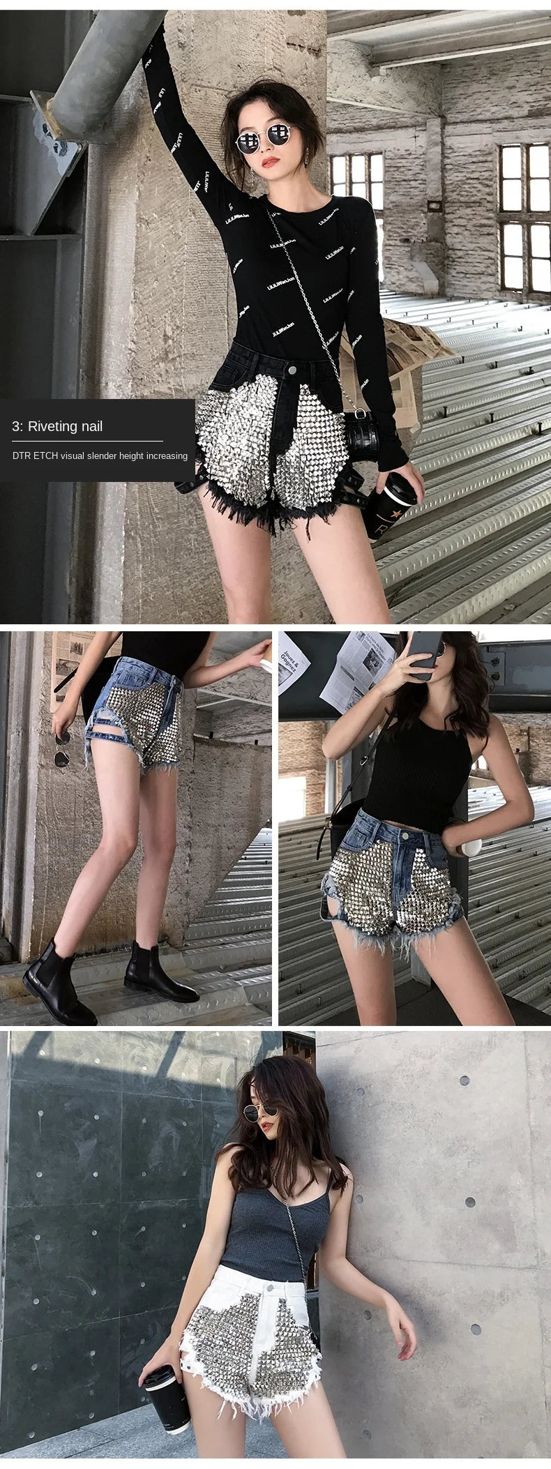 Summer Side Spike Damen-Denim-Shorts 2021 Mode Loose Holes High Waist Jeans High Street Weite Beine Dünne Shorts Damen Hosen