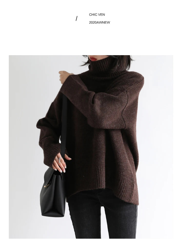 CHIC VEN Koreanischer Damen Pullover Lockerer Rollkragenpullover Warme Einfarbige Pullover Strickwaren Basic Female Tops Herbst Winter 2022