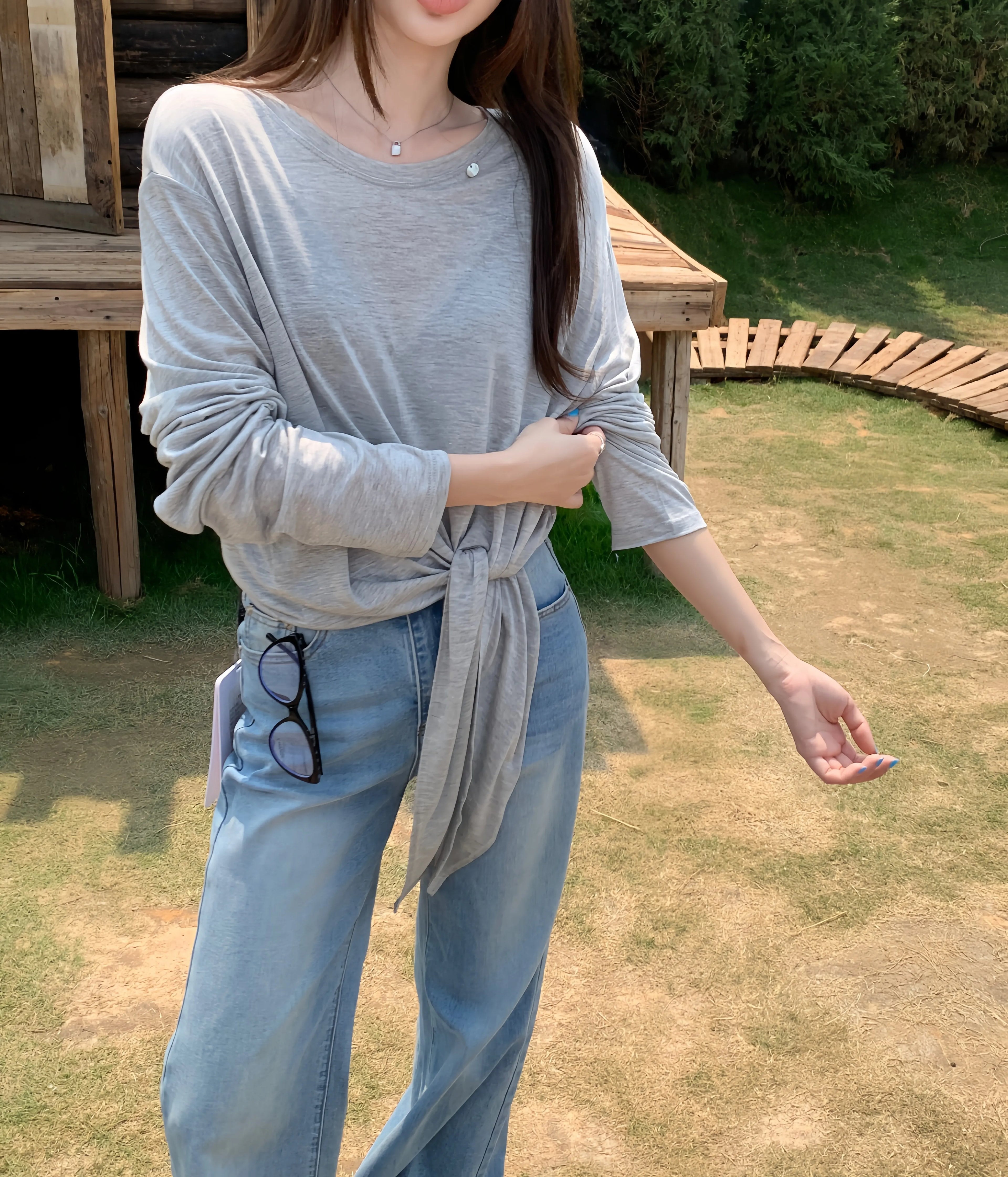 100% Lyocell elegantes Langarmshirt mit Trägern, Vintage-Patchwork-Design, Sommer ODM-Stoff.
