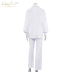 Clacive Lässiger locker sitzender Hausanzug Herbst Langarmbluse mit High-Waist-Hose Set Damen Elegantes plissiertes beiges 2-teiliges Hosenset
