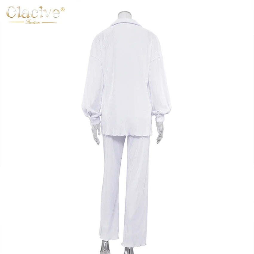 Clacive Lässiger locker sitzender Hausanzug Herbst Langarmbluse mit High-Waist-Hose Set Damen Elegantes plissiertes beiges 2-teiliges Hosenset