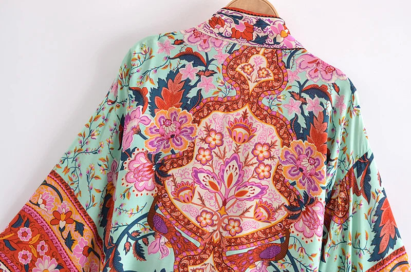 Happie Queens Floral Print Sashes Short  Kimono Women Fashion V Neck Batwing Sleeves Robe Lady Boho Bikini Cover-ups