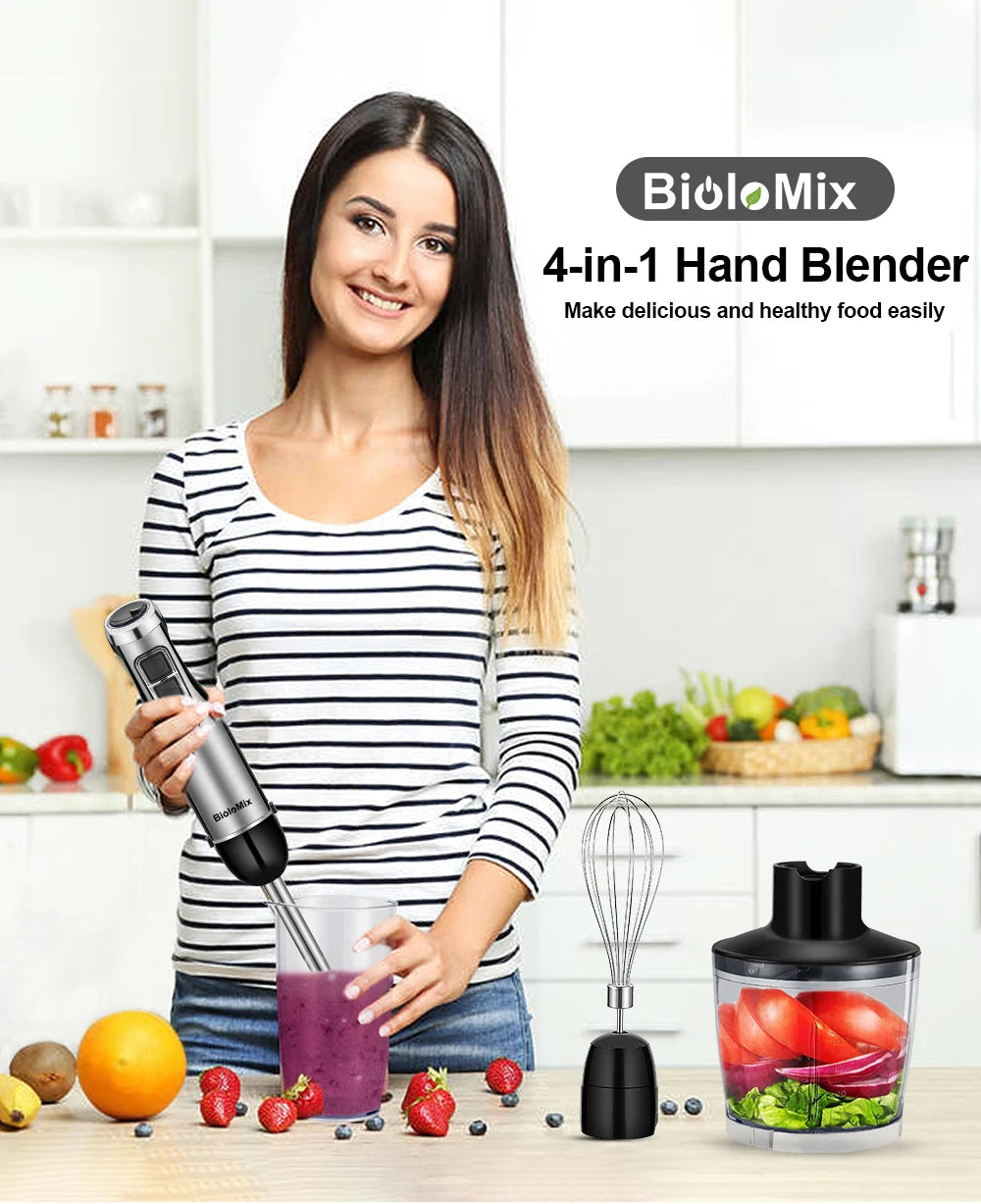 BioloMix 4-in-1 Hochleistungs-Stabmixer 1200W mit Zerkleinerer und Smoothie-Becher Edelstahl-Eismesser