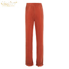 Clacive Lässiger locker sitzender Hausanzug Herbst Langarmbluse mit High-Waist-Hose Set Damen Elegantes plissiertes beiges 2-teiliges Hosenset