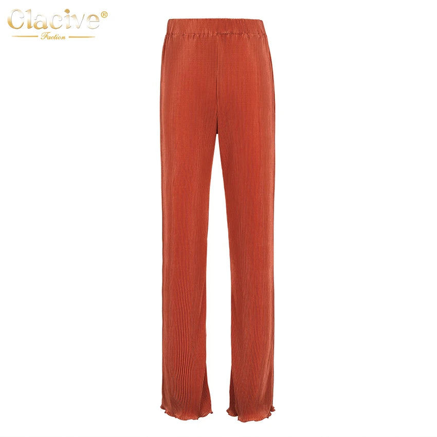 Clacive Lässiger locker sitzender Hausanzug Herbst Langarmbluse mit High-Waist-Hose Set Damen Elegantes plissiertes beiges 2-teiliges Hosenset