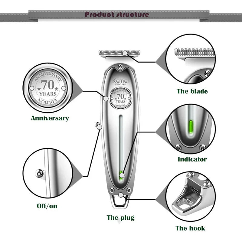 Kemei 1949 Ganzmetall-Haarschneider Professioneller Clipper für Friseure Wiederaufladbarer Elektrischer Herren-Bartrasierer Haarschneidemaschine