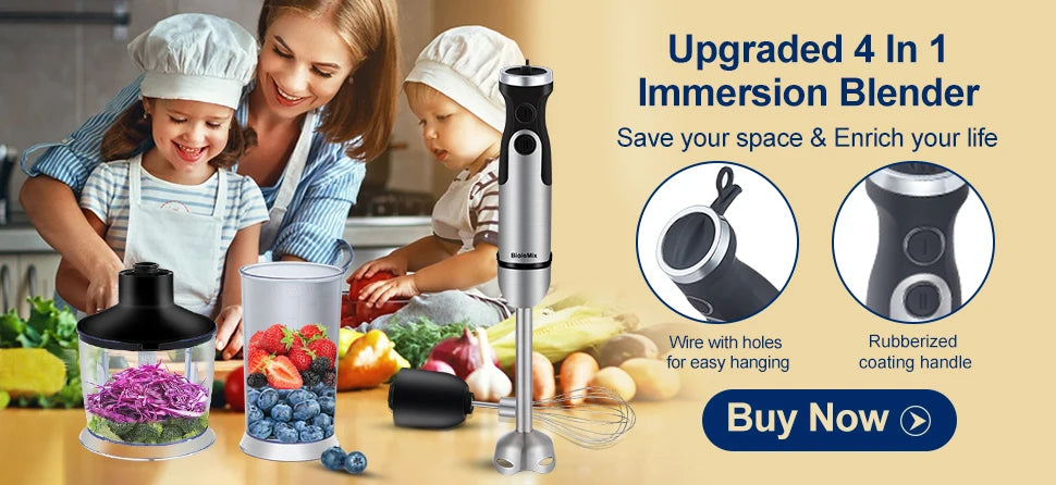 BioloMix 4-in-1 Hochleistungs-Stabmixer 1200W mit Zerkleinerer und Smoothie-Becher Edelstahl-Eismesser