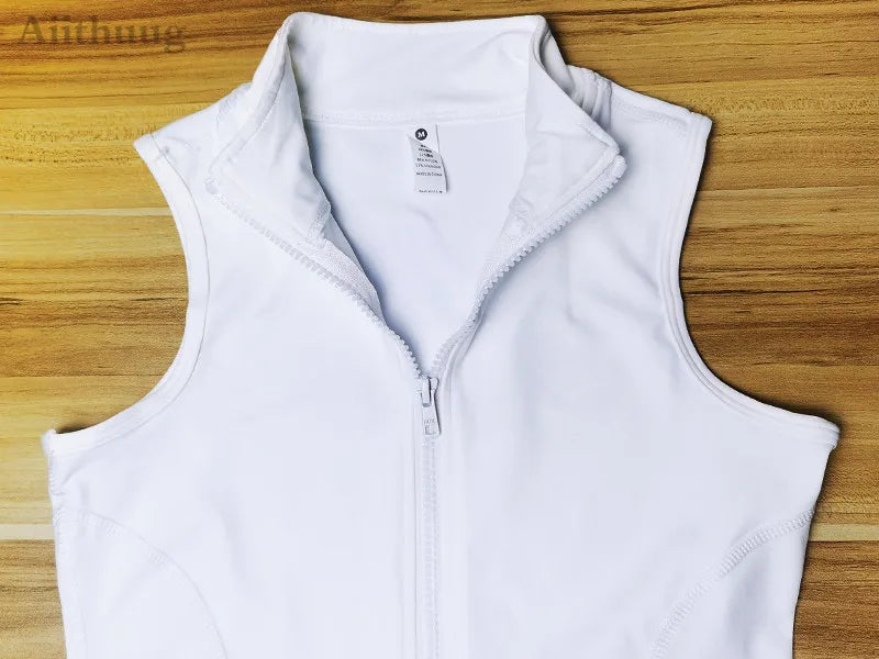 Aiithuug Athletic Reißverschluss-Sweatweste Jacke Ärmellose Lauf-Yoga-Tops Stehkragen-Shirts Sport-Top Fitness Damen Workout-Tops