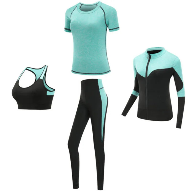 Schnell trocknende Damen Sportbekleidung Yoga-Set Fitnessstudio Yoga-Kleidung Anzugsets Mantel+BH+T-Shirt+Leggings 2019 Workout Laufen Training