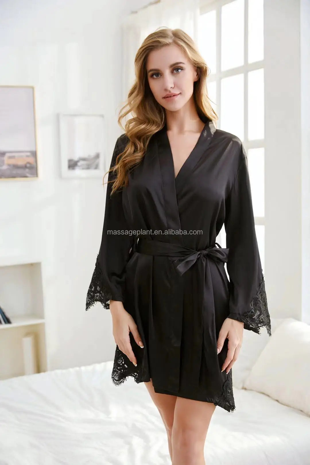 Solid 8209 Braut Hochzeitsroben-Set Damen Nachtwäsche Dreiecksspitze Brautjungfern Satinrobe