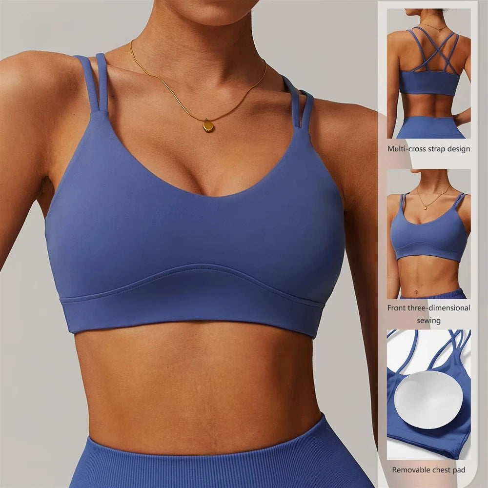 Damen Nude-farbener Cross-Back Push-up Sport-BH mit doppelten Schulterträgern und hoher Dehnbarkeit für Fitness und Yoga Hauptbild