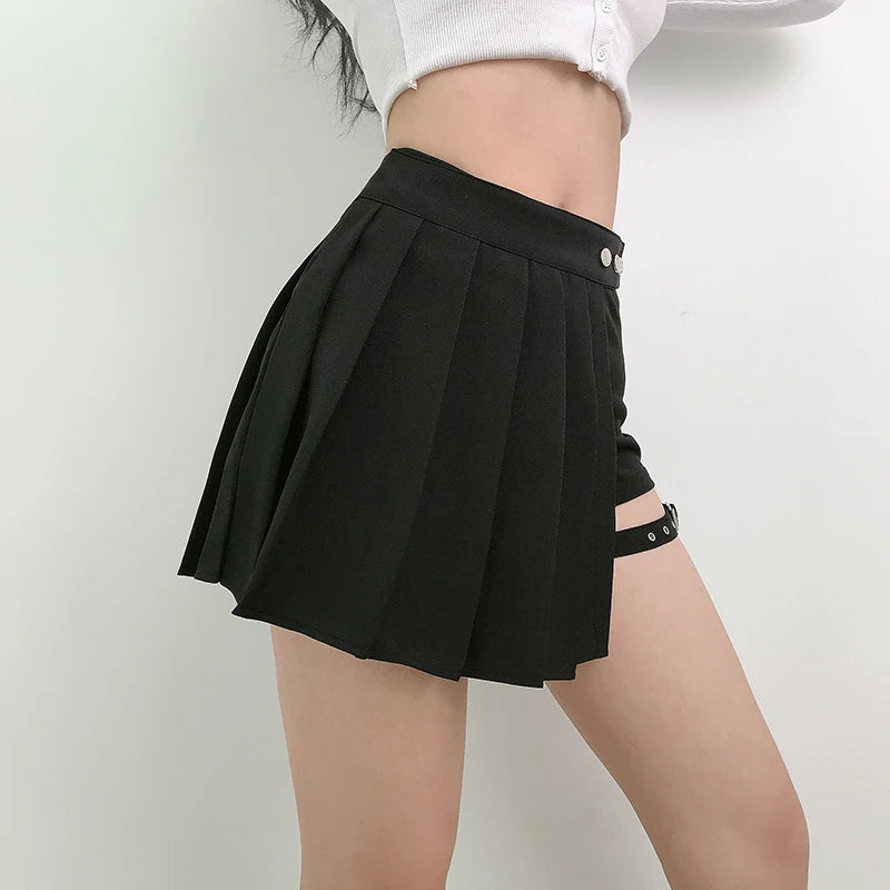Sommer Harajuku Punk-Stil Karierte unregelmäßige Röcke Damen Asymmetrische High-Waist Schwarze Röcke Plissierte Mädchen Gothic Halbröcke
