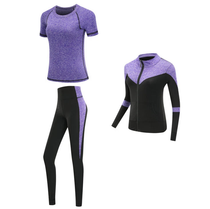 Schnell trocknende Damen Sportbekleidung Yoga-Set Fitnessstudio Yoga-Kleidung Anzugsets Mantel+BH+T-Shirt+Leggings 2019 Workout Laufen Training