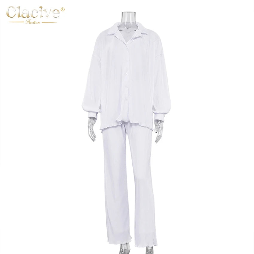 Clacive Lässiger locker sitzender Hausanzug Herbst Langarmbluse mit High-Waist-Hose Set Damen Elegantes plissiertes beiges 2-teiliges Hosenset