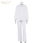 Clacive Lässiger locker sitzender Hausanzug Herbst Langarmbluse mit High-Waist-Hose Set Damen Elegantes plissiertes beiges 2-teiliges Hosenset