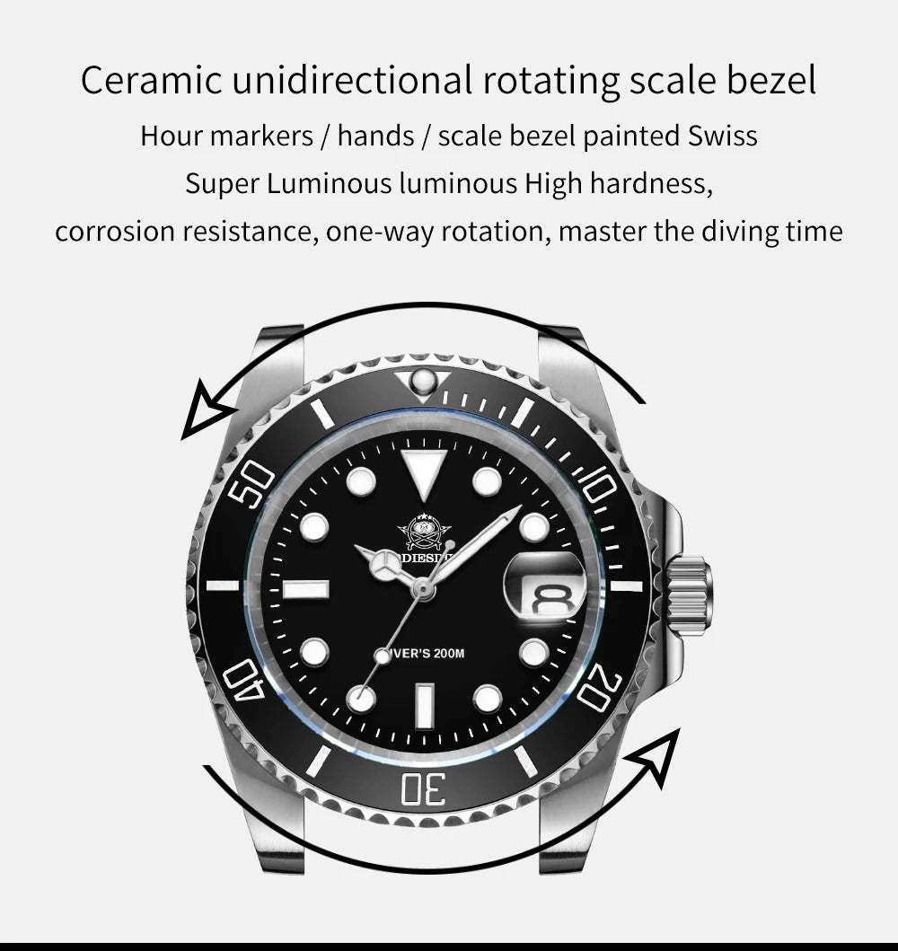 ADDIESDIVE Herren-Uhr klassisch mit Keramiklünette 200m wasserdicht Freizeit Quarz-Uhr BGW9 Blaue Leuchtzeiger Geschenk-Uhr MY-H3-2