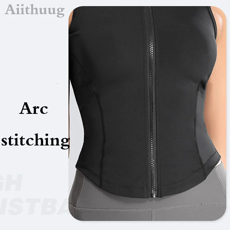 Aiithuug Athletic Reißverschluss-Sweatweste Jacke Ärmellose Lauf-Yoga-Tops Stehkragen-Shirts Sport-Top Fitness Damen Workout-Tops