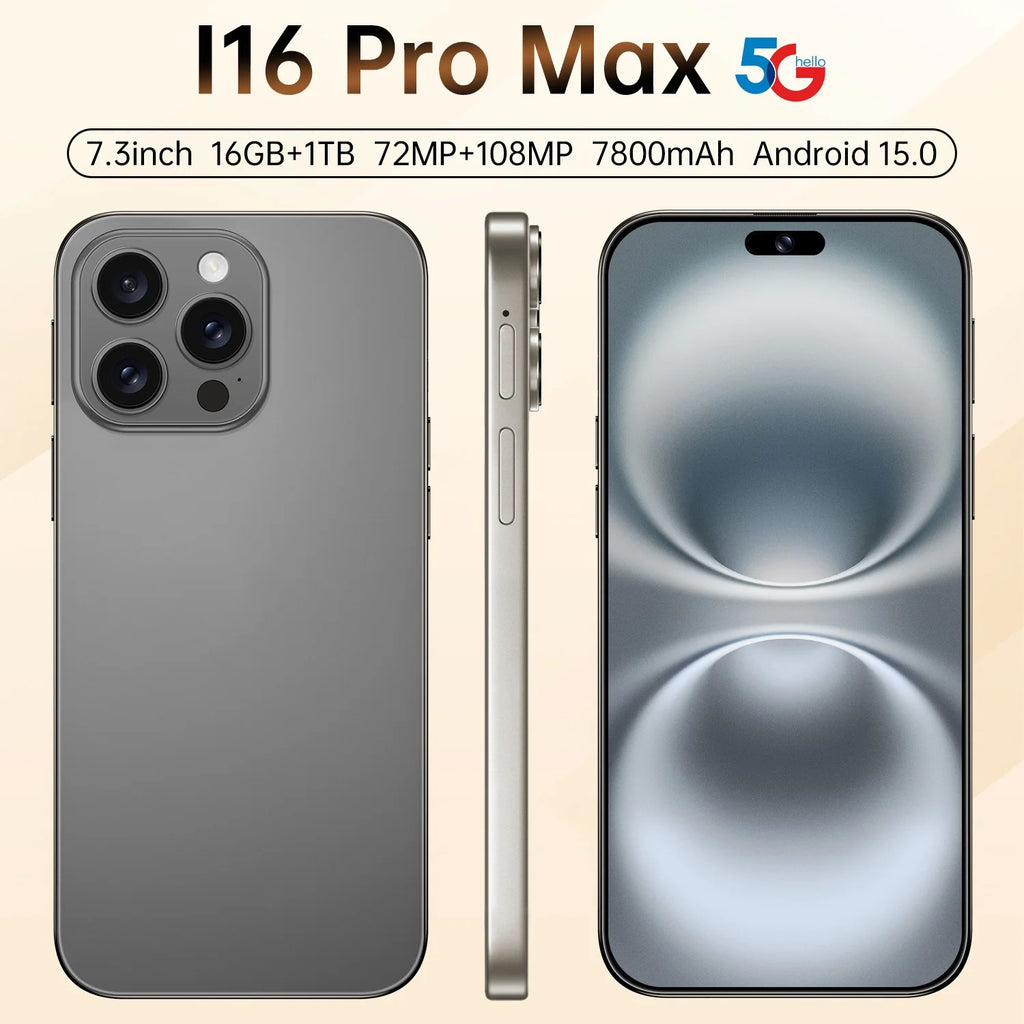 Neues I16 Pro Max grenzüberschreitendes exklusives 5G-Telefon, 7,3-Zoll-Bildschirm, Android 15.0, Dual-SIM, Auslandsversion, Direktvertriebsquelle