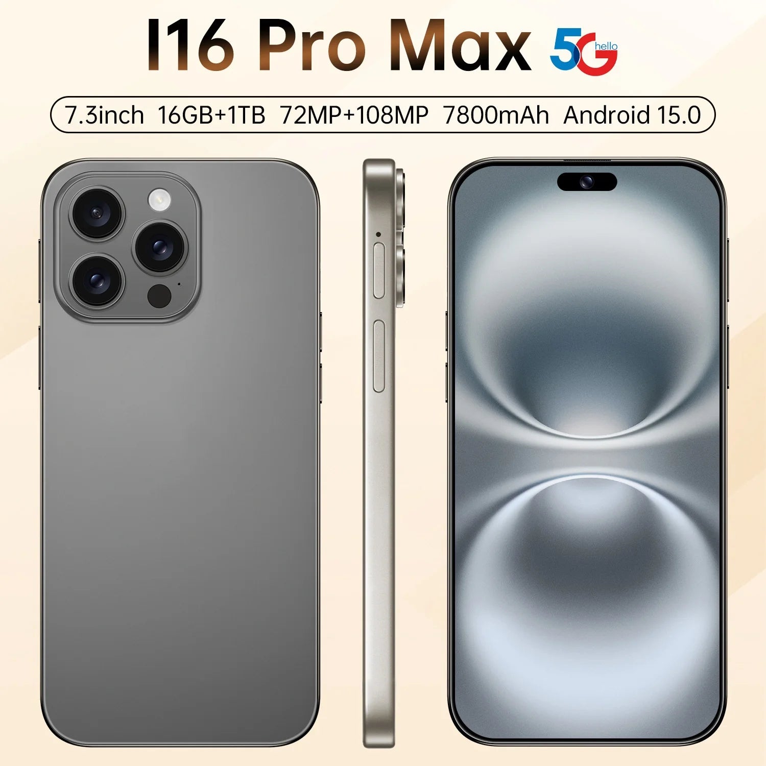 Neues I16 Pro Max grenzüberschreitendes exklusives 5G-Telefon, 7,3-Zoll-Bildschirm, Android 15.0, Dual-SIM, Auslandsversion, Direktvertriebsquelle