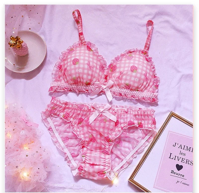 Süßes japanisches BH- und Slip-Unterwäsche-Set Lolita-Mädchen Rosa kariertes Blumen-Mesh Sexy Erdbeer-Print-BH & Höschen Dessous-Set