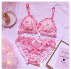Süßes japanisches BH- und Slip-Unterwäsche-Set Lolita-Mädchen Rosa kariertes Blumen-Mesh Sexy Erdbeer-Print-BH & Höschen Dessous-Set