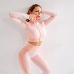 2/3tlg Damen Yoga Anzug Nahtlos Gestrickte Yogahose Leggings Kleidung Reißverschluss Langarm Crop Top Fitnesskleidung Sportbekleidung Gym Set