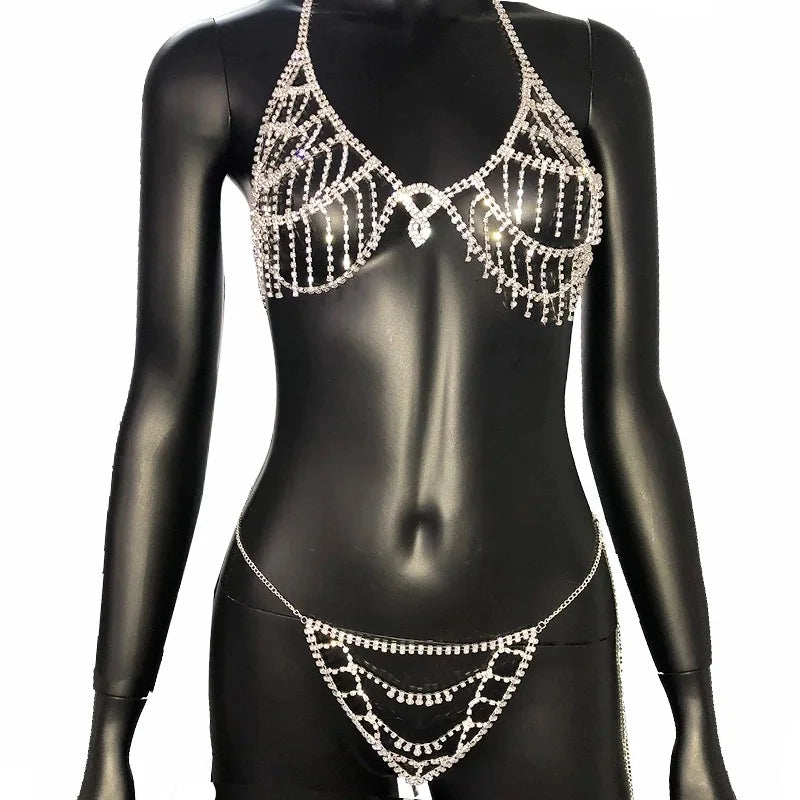 Rhinestone Swimwear Bikini Diamond Lingerie Set Sexy Striper Outfits Costume Nightclub Style Jewellery Body Chain
