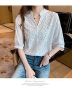 Sommer Blumenstickerei Spitzenbluse Mode Damen V-Ausschnitt Freizeitshirt Chic Kurzarm Hohl-Out Oberteile Elegante Blusen 24350
